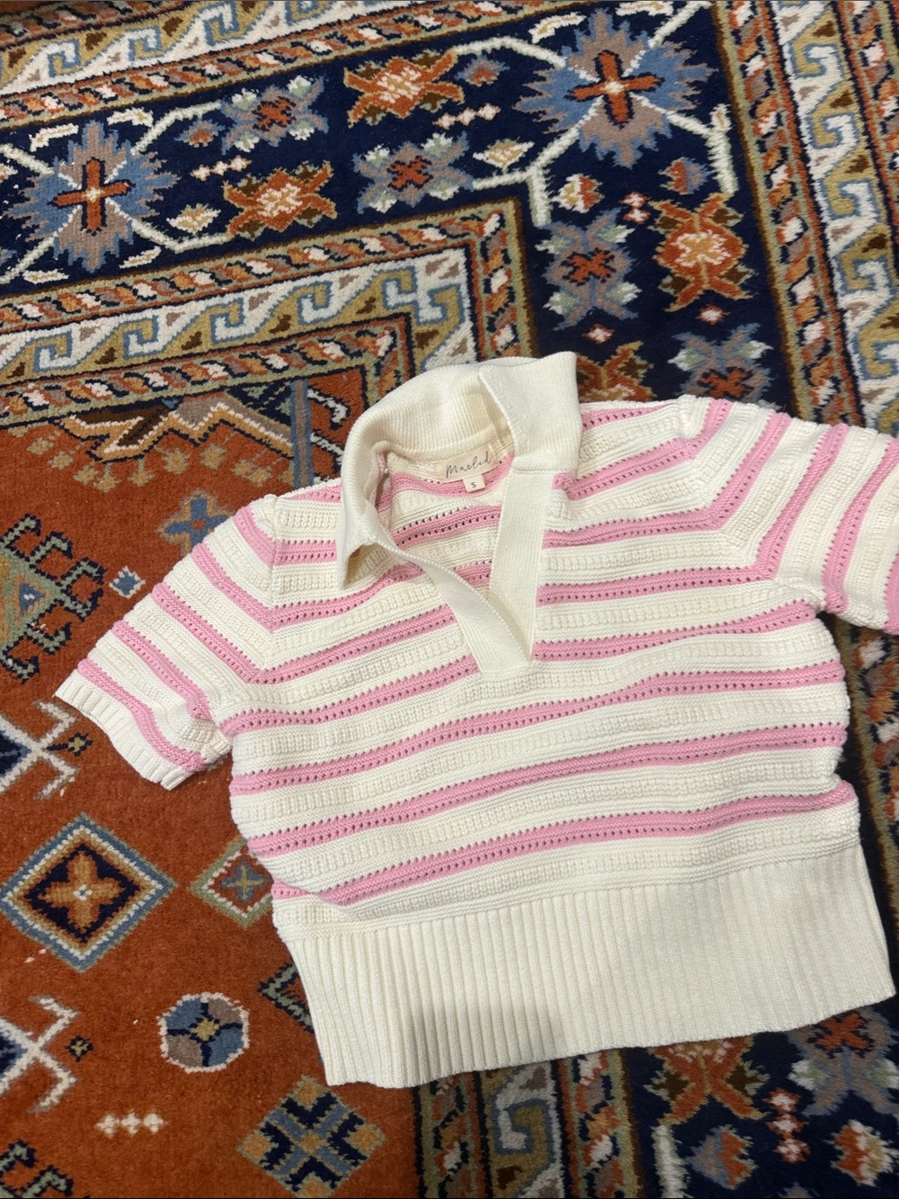 NWOT Marled short sleeve polo crochet sweater Stripe - White & Light Pink small